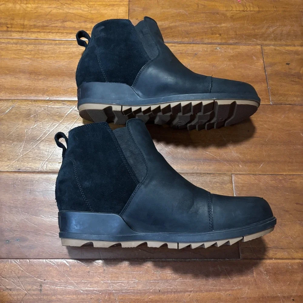 SOREL Evie‎ PullOn Waterproof Wedge Black Leather Suede Gorpcore Moto|Sz 11